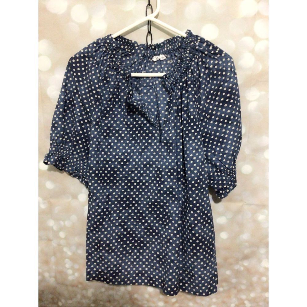 GAP Navy Blue Polka Dot Ruffle Neck Blouse